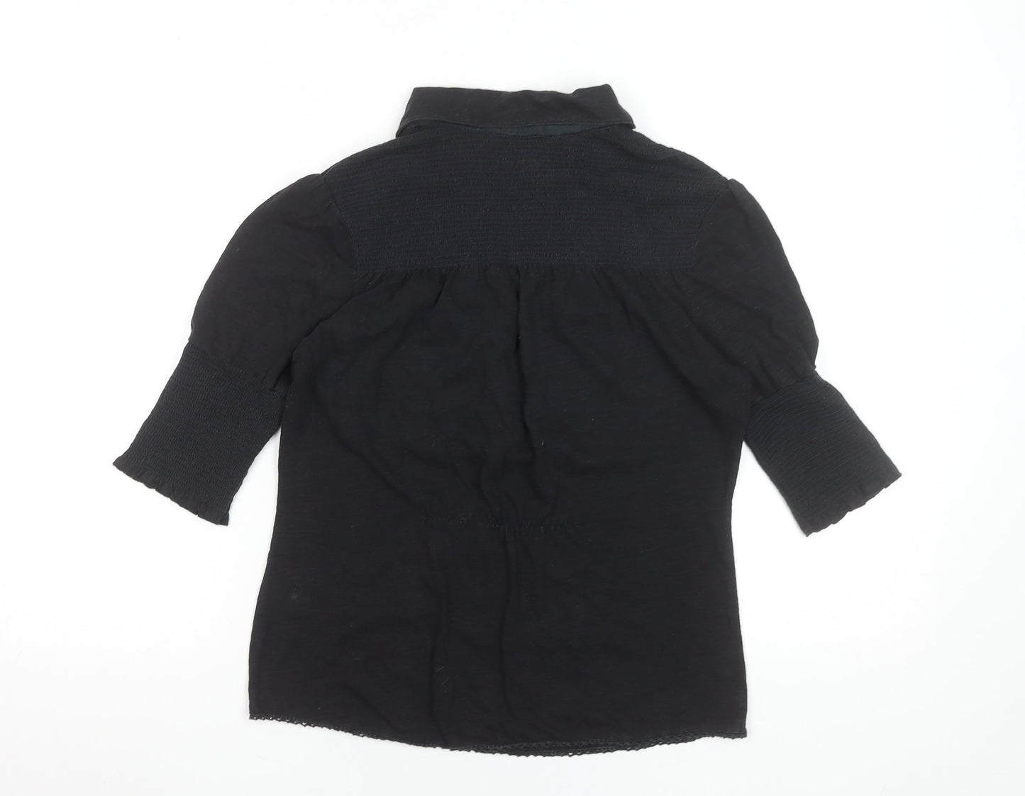 BY GROTH Women's Black Collared Cotton Stretch 3/4 Sleeve Blouse Size S