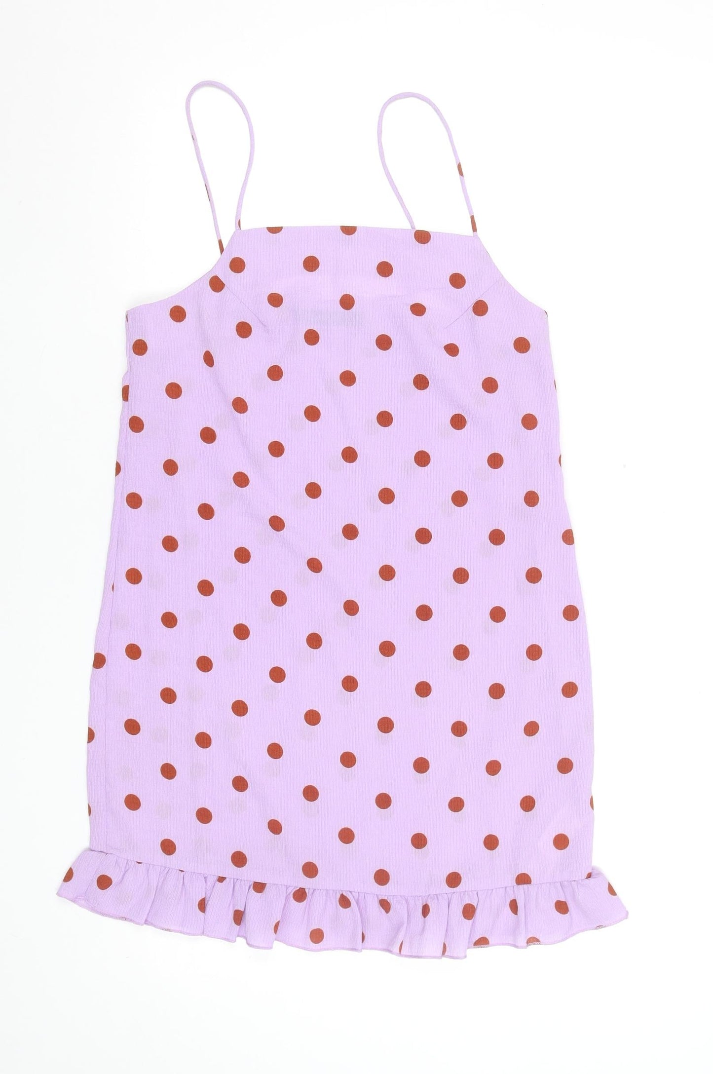 Boohoo Women’s Purple Polka Dot Slip Dress Size 8 Ruffle Hem