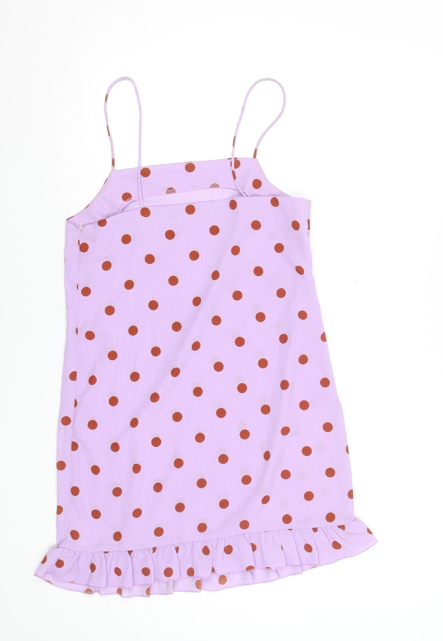 Boohoo Women’s Purple Polka Dot Slip Dress Size 8 Ruffle Hem