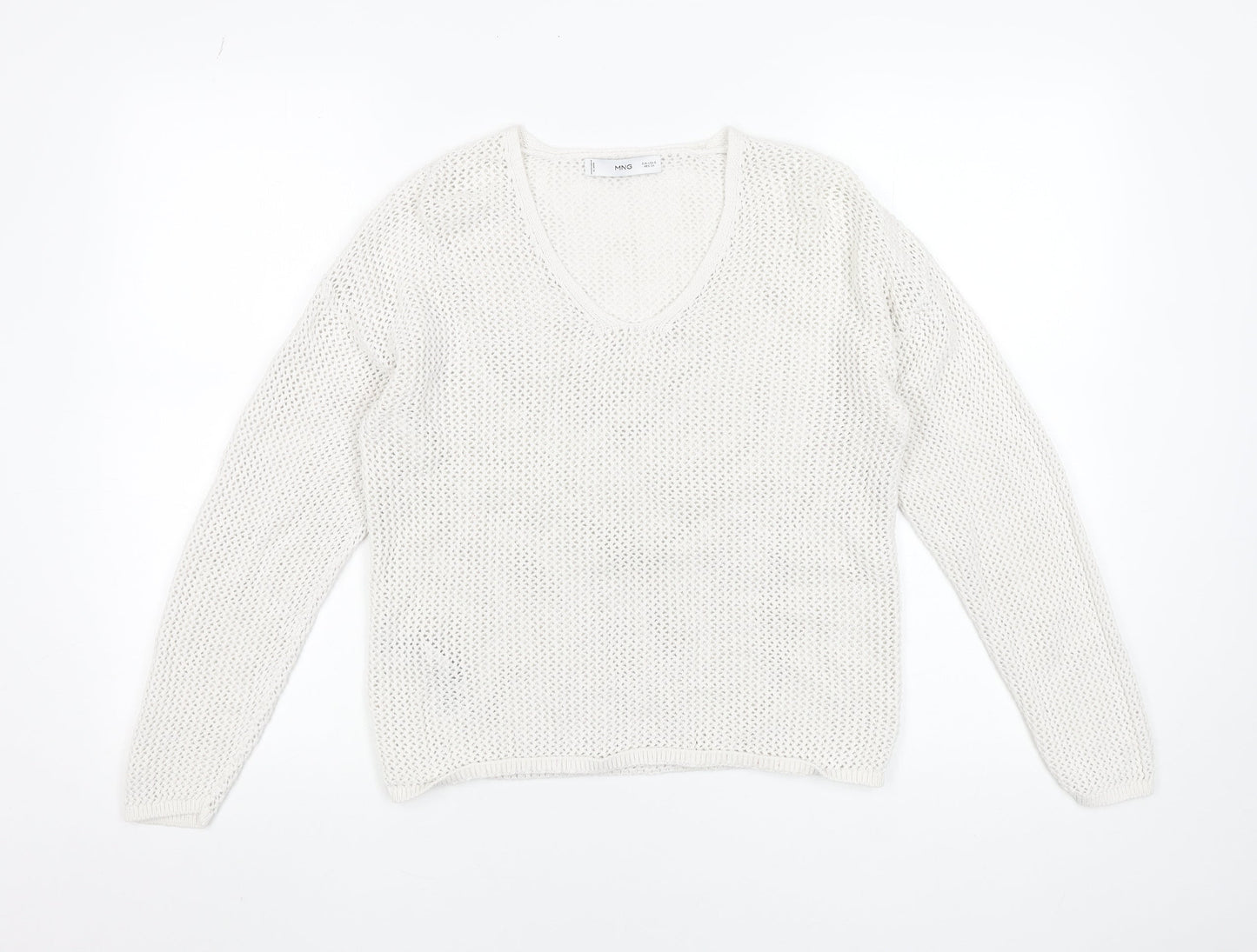 MNG Women's White Cotton Open-Knit V-Neck Jumper Size S