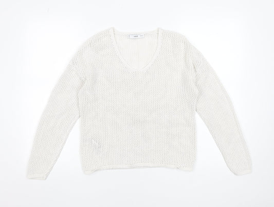 MNG Women's White Cotton Open-Knit V-Neck Jumper Size S