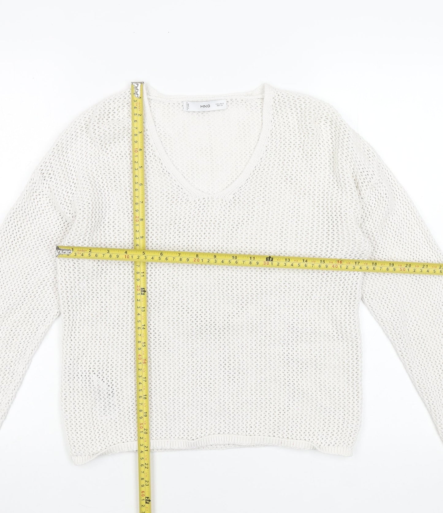 MNG Women's White Cotton Open-Knit V-Neck Jumper Size S