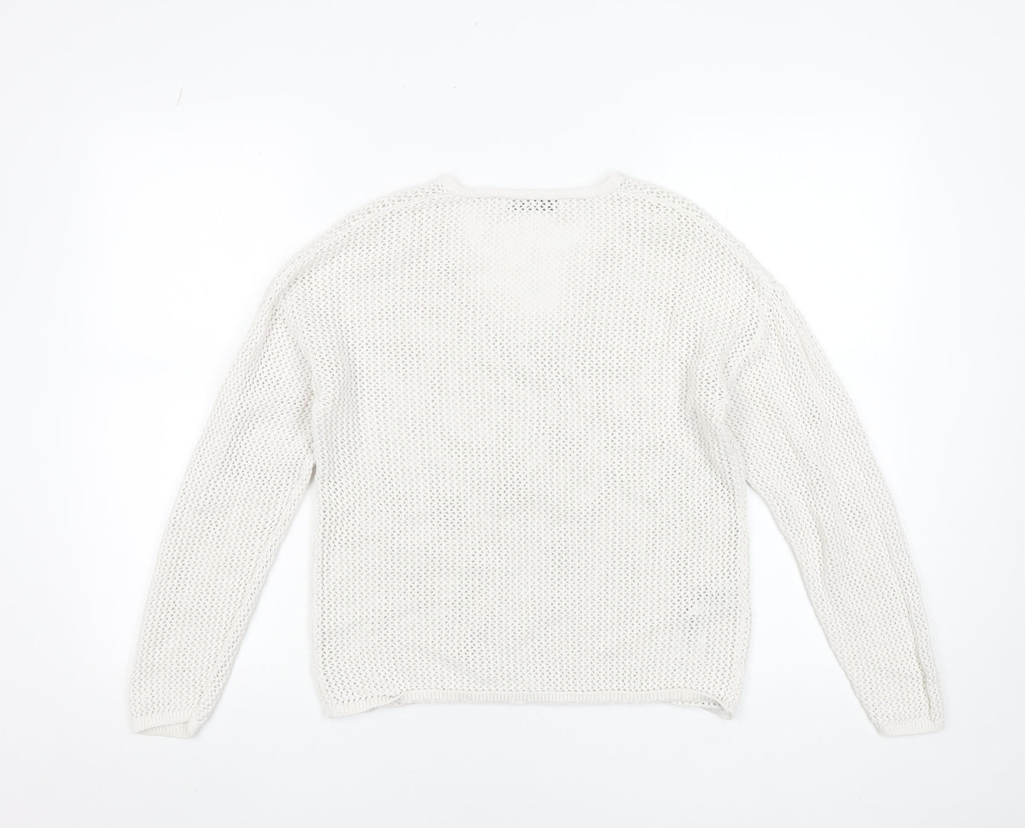 MNG Women's White Cotton Open-Knit V-Neck Jumper Size S
