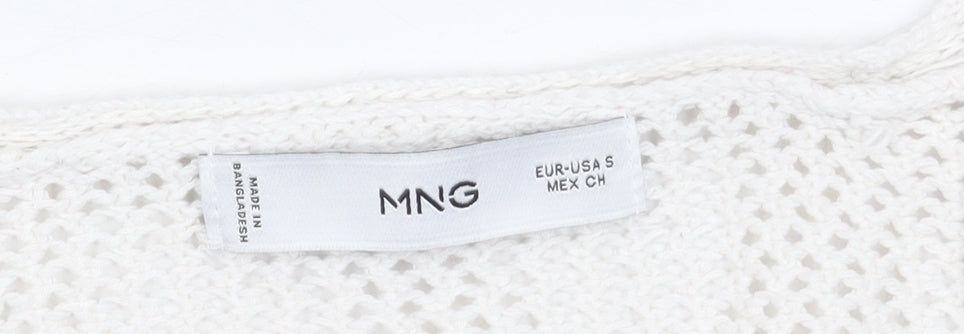 MNG Women's White Cotton Open-Knit V-Neck Jumper Size S