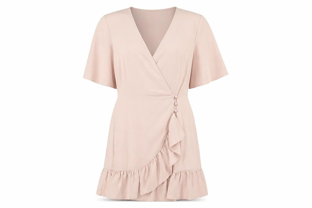 Topshop Women Beige Size 12 Wrap Short Dress Ruffle Hem