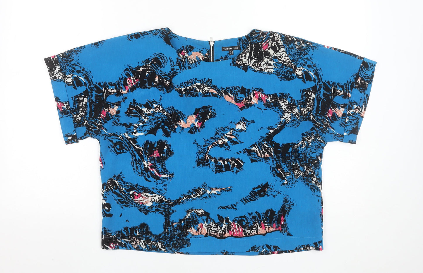 Warehouse Women's Blue Abstract Woven Blouse UK 12 Short Sleeve