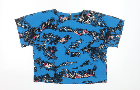 Warehouse Women's Blue Abstract Woven Blouse UK 12 Short Sleeve