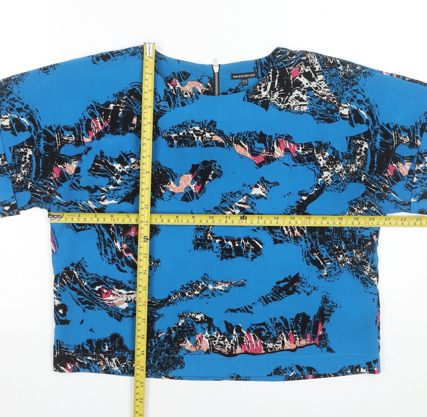 Warehouse Women's Blue Abstract Woven Blouse UK 12 Short Sleeve