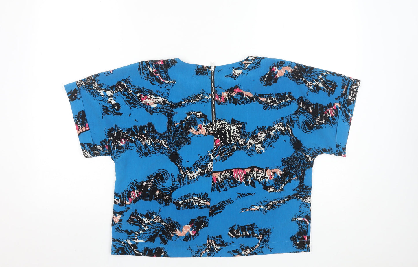 Warehouse Women's Blue Abstract Woven Blouse UK 12 Short Sleeve