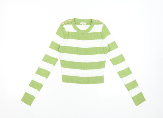 MOOCCI Women Green White Striped Cropped Knit Top S Long Sleeve
