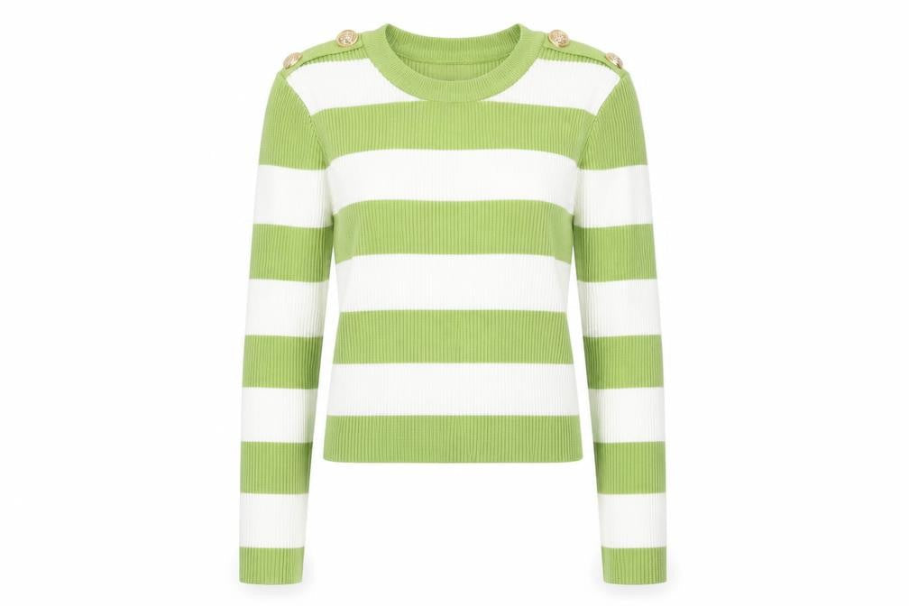 MOOCCI Women Green White Striped Cropped Knit Top S Long Sleeve