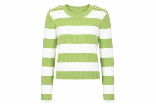 MOOCCI Women Green White Striped Cropped Knit Top S Long Sleeve