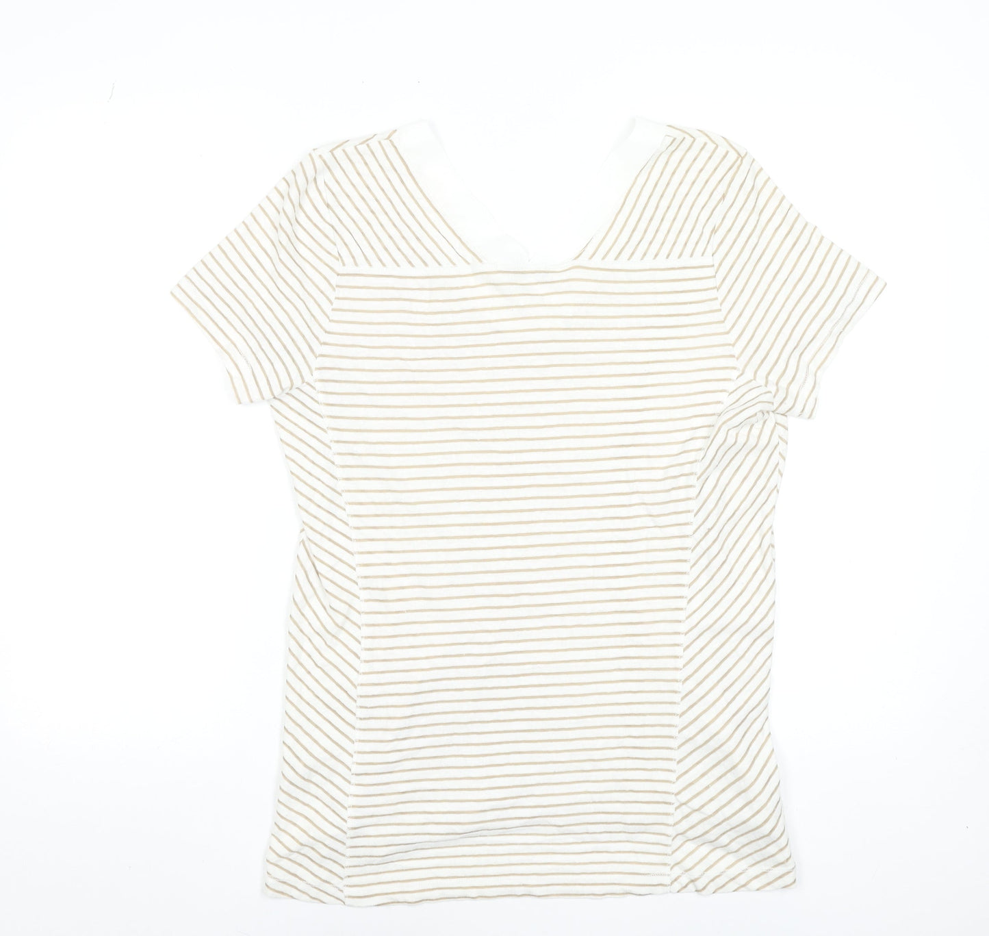 Gallery Women Beige Striped V-Neck Short Sleeve T-Shirt Size 14