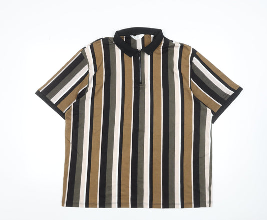 Next Men's Multicoloured Striped 2XL Cotton Zip Polo Shirt