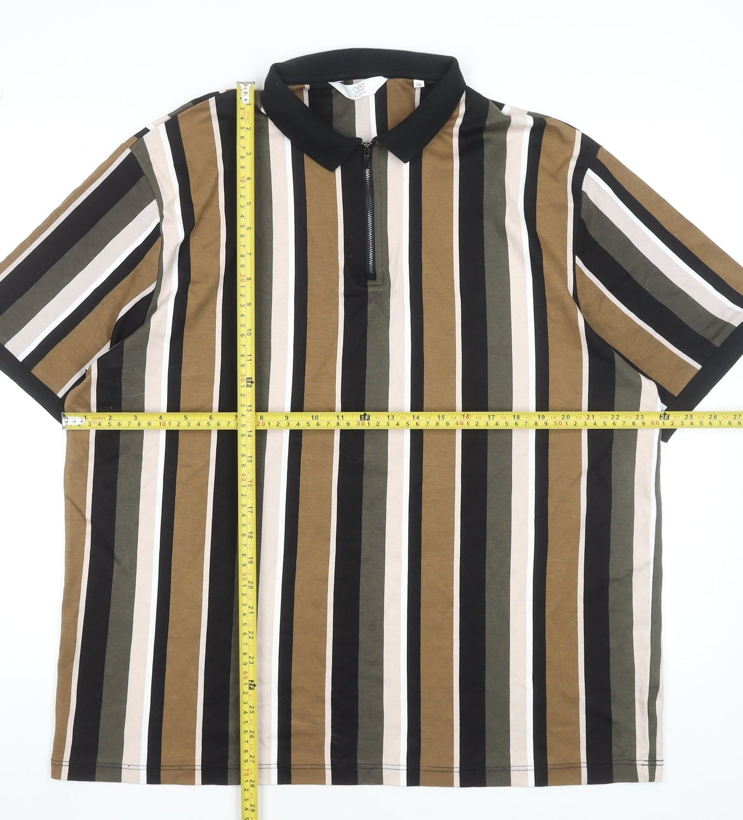 Next Men's Multicoloured Striped 2XL Cotton Zip Polo Shirt