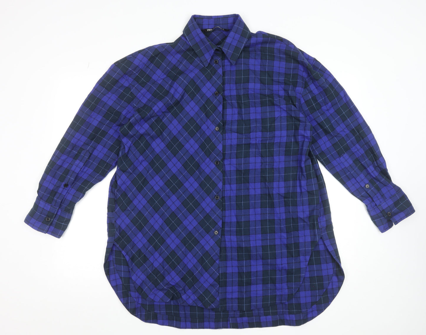 Zara Womens Blue Check Button-Up Long Sleeve Shirt XS Cotton