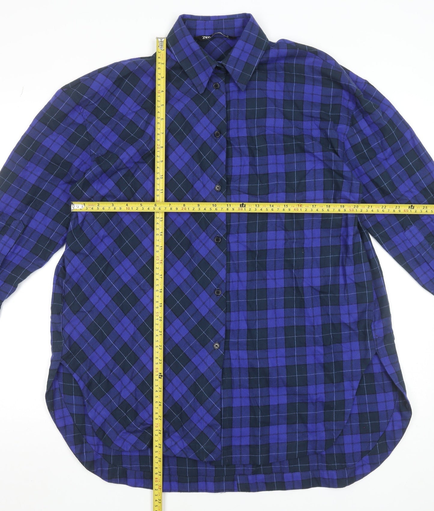 Zara Womens Blue Check Button-Up Long Sleeve Shirt XS Cotton