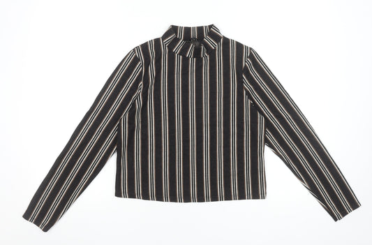River Island Petite Women's Black Striped Mock Neck Cropped Blouse Size 12