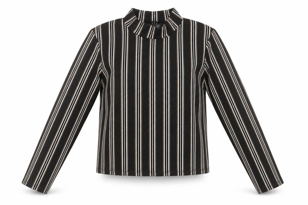 River Island Petite Women's Black Striped Mock Neck Cropped Blouse Size 12