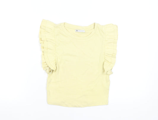 Zara Women Yellow Cropped Ruffle Sleeveless Cotton T-Shirt M