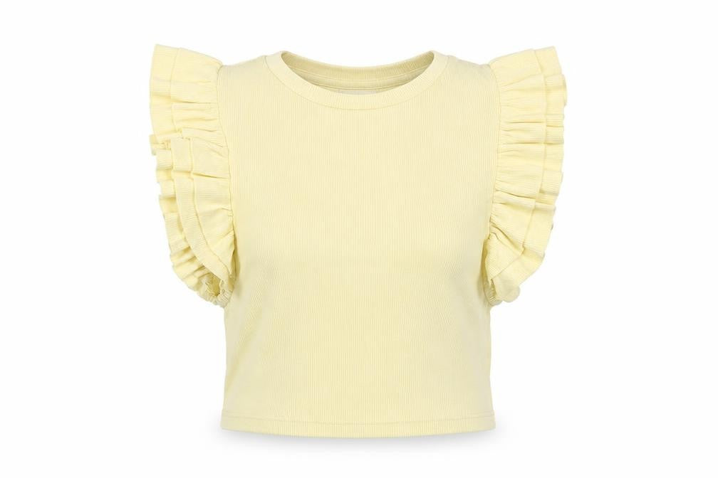 Zara Women Yellow Cropped Ruffle Sleeveless Cotton T-Shirt M