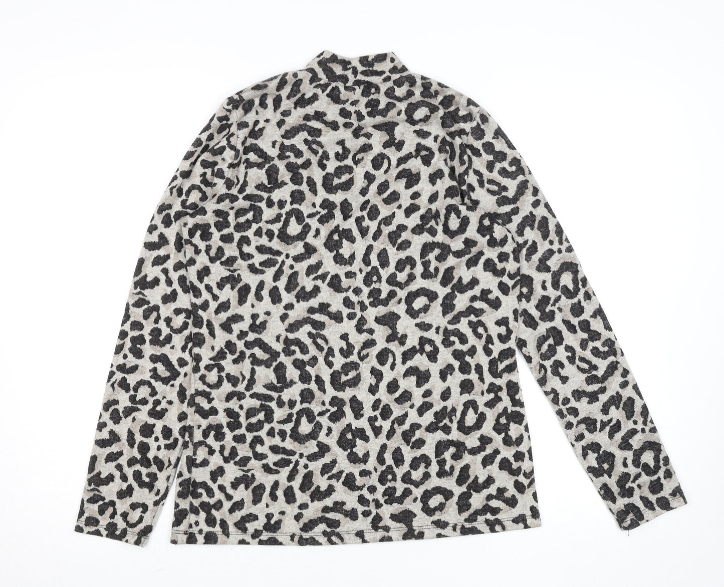 Oasis Womens Grey Leopard Print Mock Neck Long Sleeve Top Size S