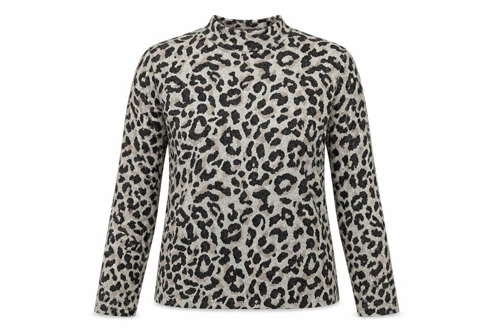Oasis Womens Grey Leopard Print Mock Neck Long Sleeve Top Size S