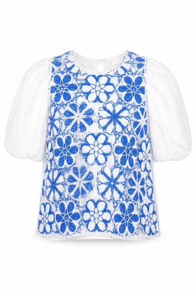 Dunnes Women’s White Floral Crochet Blouse XS Puff Sleeve