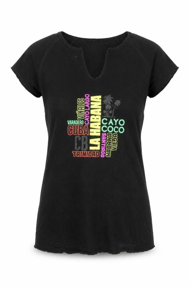 Valeria Womens Black Graphic Cuba T-Shirt Size M Short Sleeve Casual