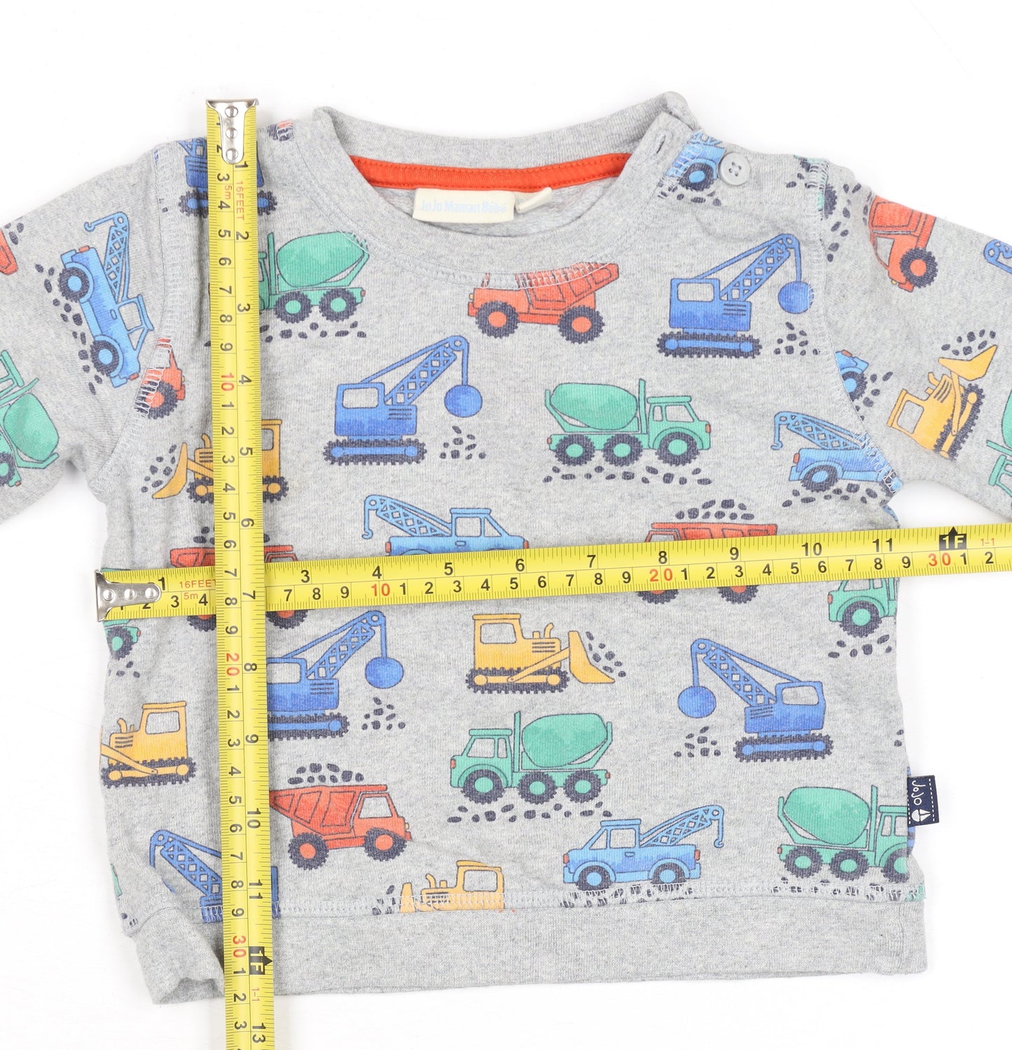 JoJo Maman Bébé Grey Construction Vehicle Long Sleeve Baby T-Shirt 12 Months