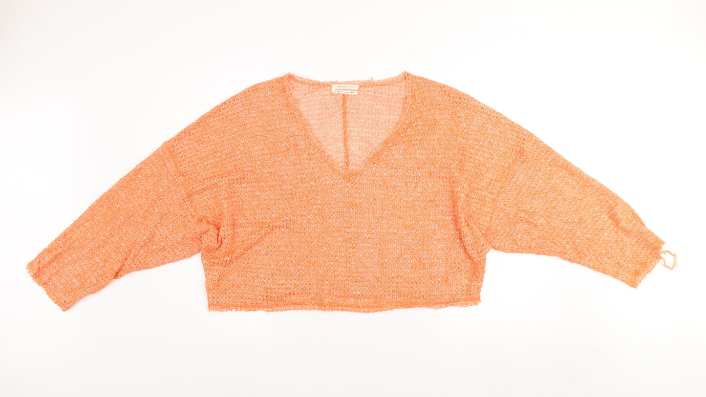 Urban Outfitters Women Orange Open-Knit V-Neck Pullover Jumper L
