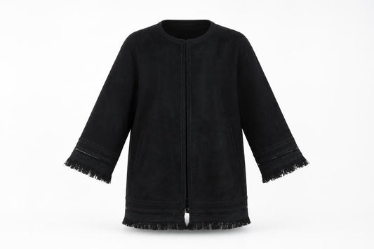 Zara Women Black XS Suede Effect Mid-Length Fringe Open Coat