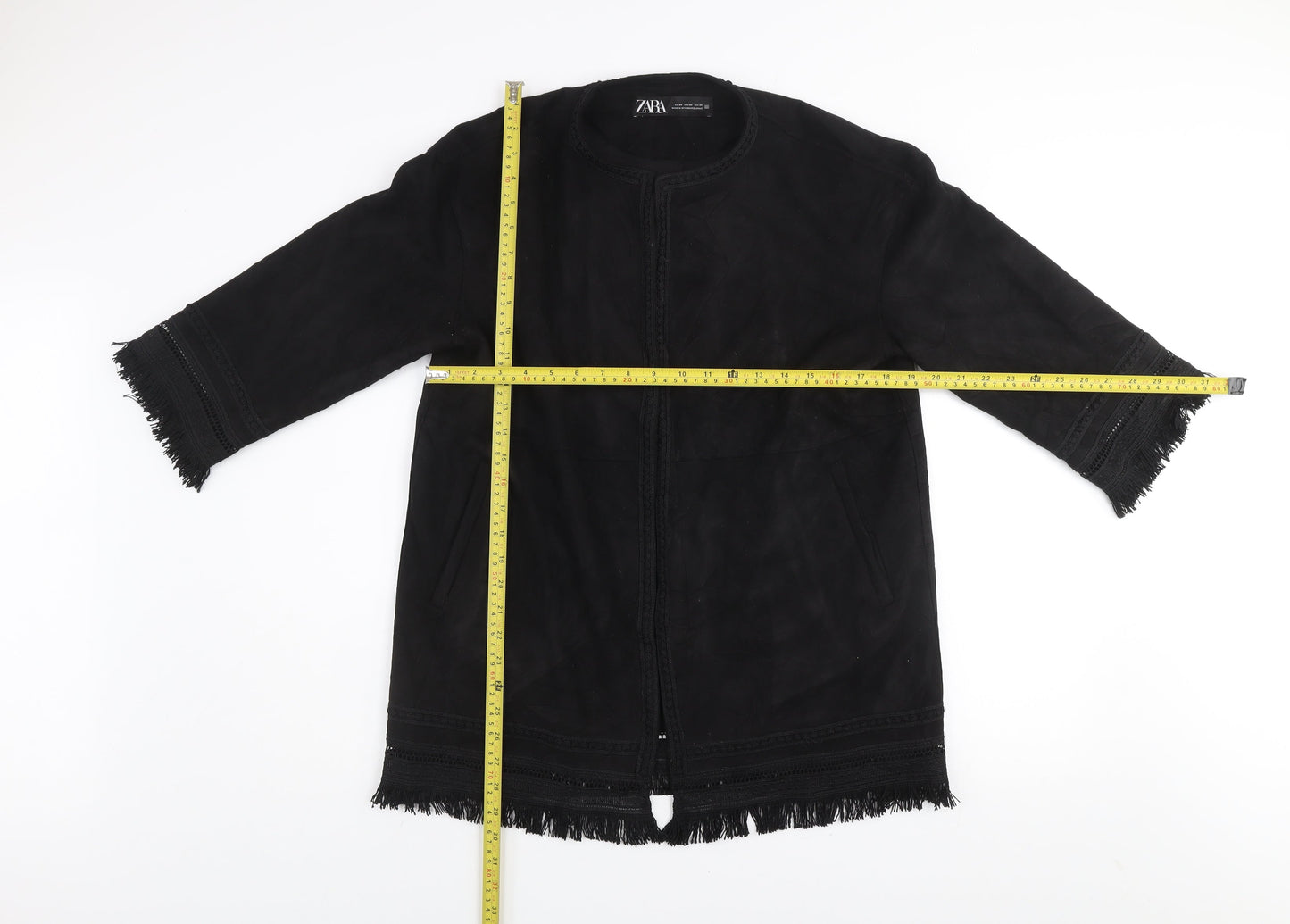 Zara Women Black XS Suede Effect Mid-Length Fringe Open Coat