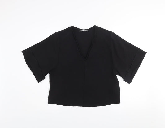 Zara Women Black Cropped V-Neck Short Sleeve Blouse Size S