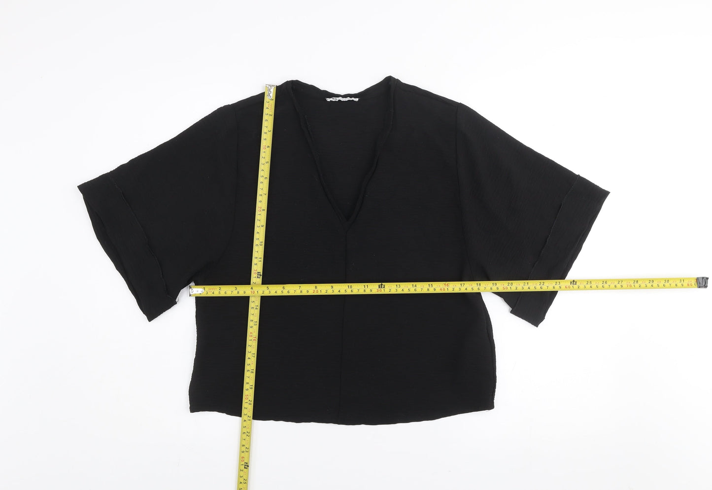 Zara Women Black Cropped V-Neck Short Sleeve Blouse Size S