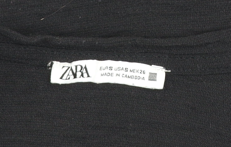 Zara Women Black Cropped V-Neck Short Sleeve Blouse Size S