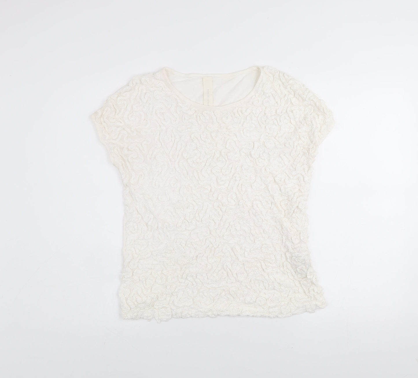 Zara Women Ivory Ruffle Textured Short Sleeve Cotton T-Shirt L