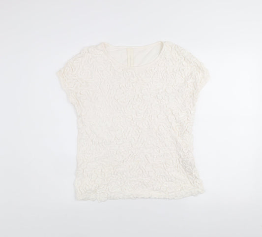 Zara Women Ivory Ruffle Textured Short Sleeve Cotton T-Shirt L