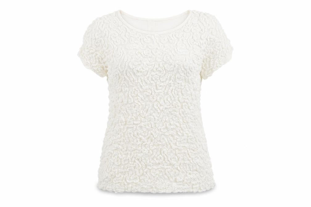 Zara Women Ivory Ruffle Textured Short Sleeve Cotton T-Shirt L