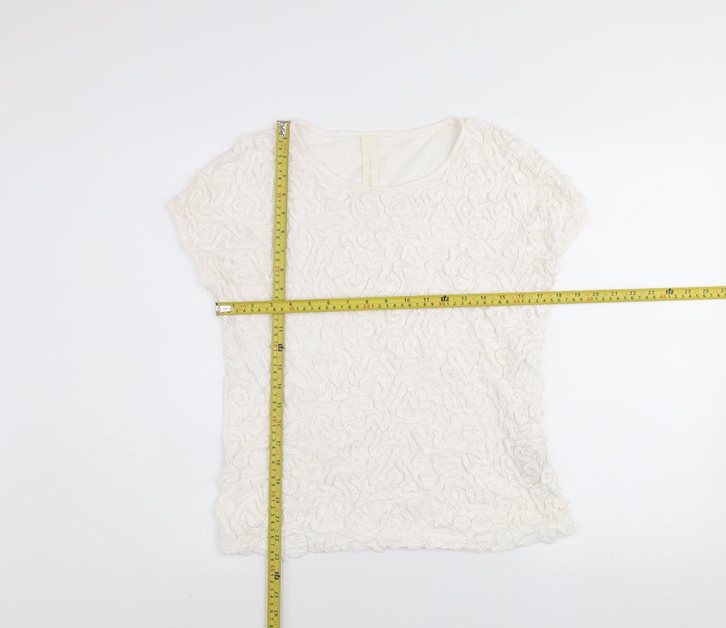 Zara Women Ivory Ruffle Textured Short Sleeve Cotton T-Shirt L