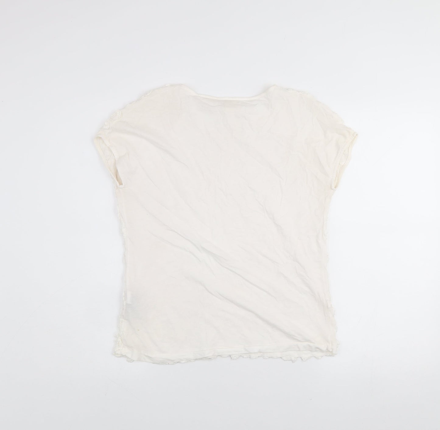 Zara Women Ivory Ruffle Textured Short Sleeve Cotton T-Shirt L