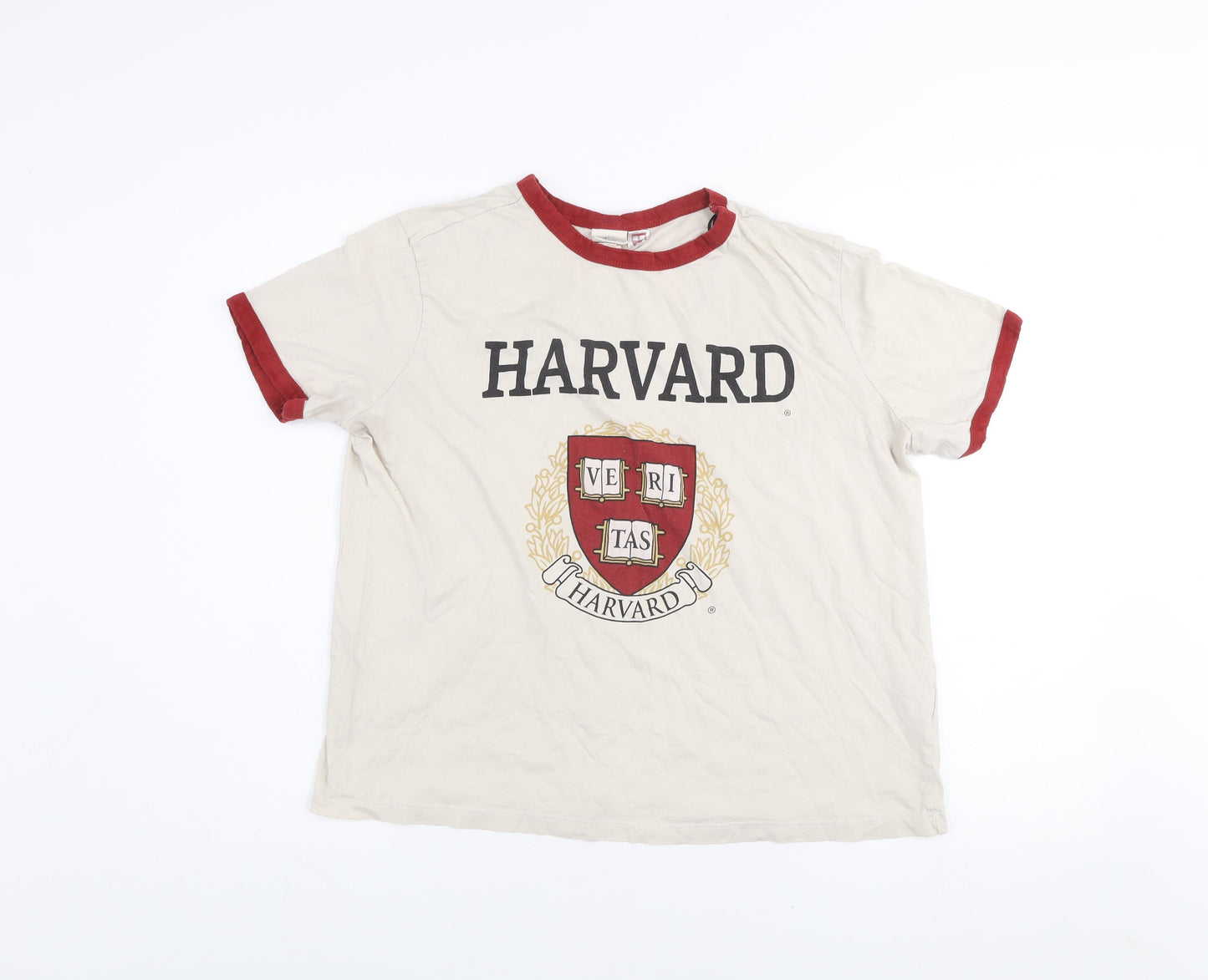 H&M Women’s Ivory Harvard Ringer T-Shirt L Cotton Short Sleeve