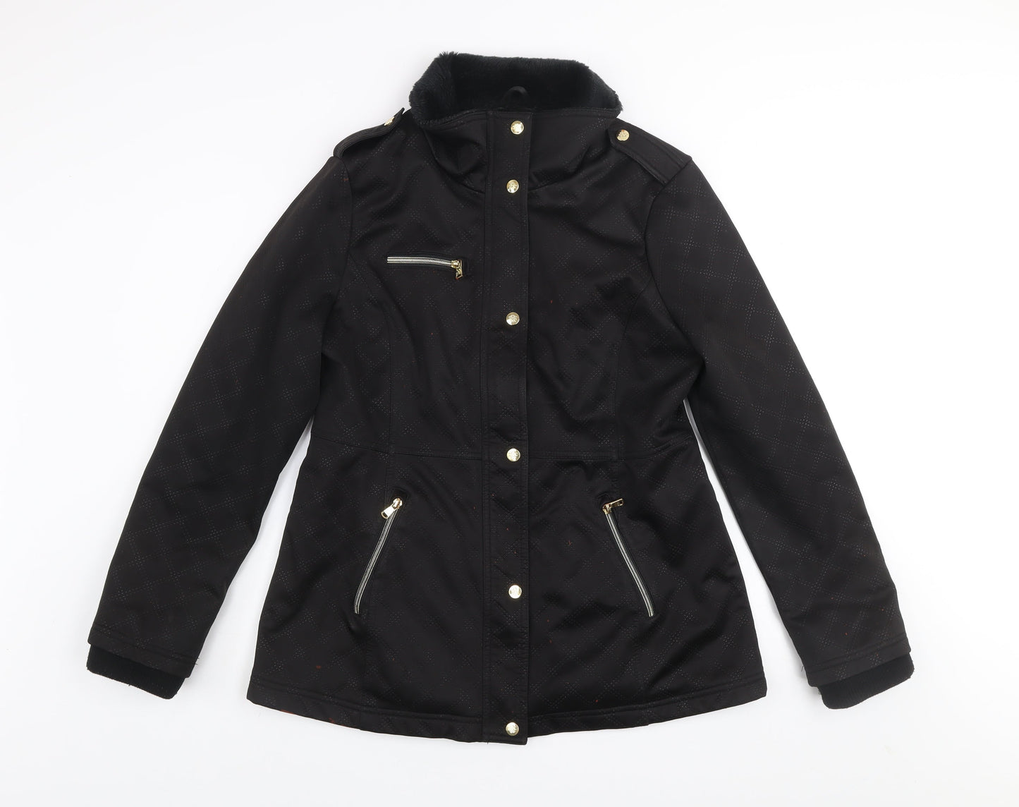 Jessica Simpson Womens Black L Parka Jacket with Fur Trim & Gold Zips