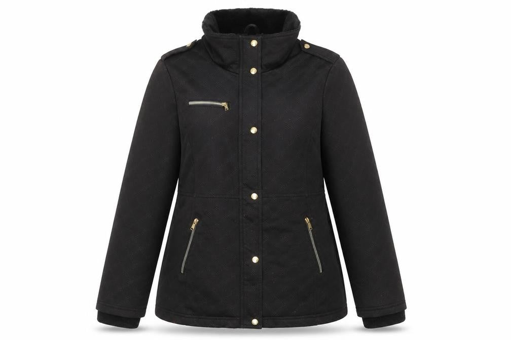 Jessica Simpson Womens Black L Parka Jacket with Fur Trim & Gold Zips