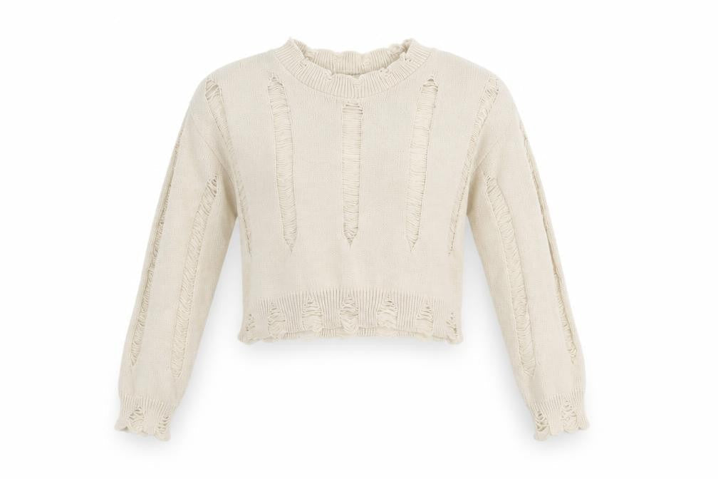 Pink Vanilla Women’s Beige Distressed Knit Jumper UK M Pullover