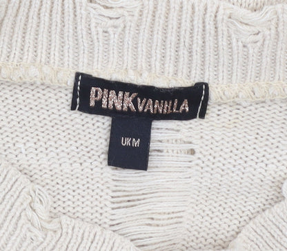 Pink Vanilla Women’s Beige Distressed Knit Jumper UK M Pullover