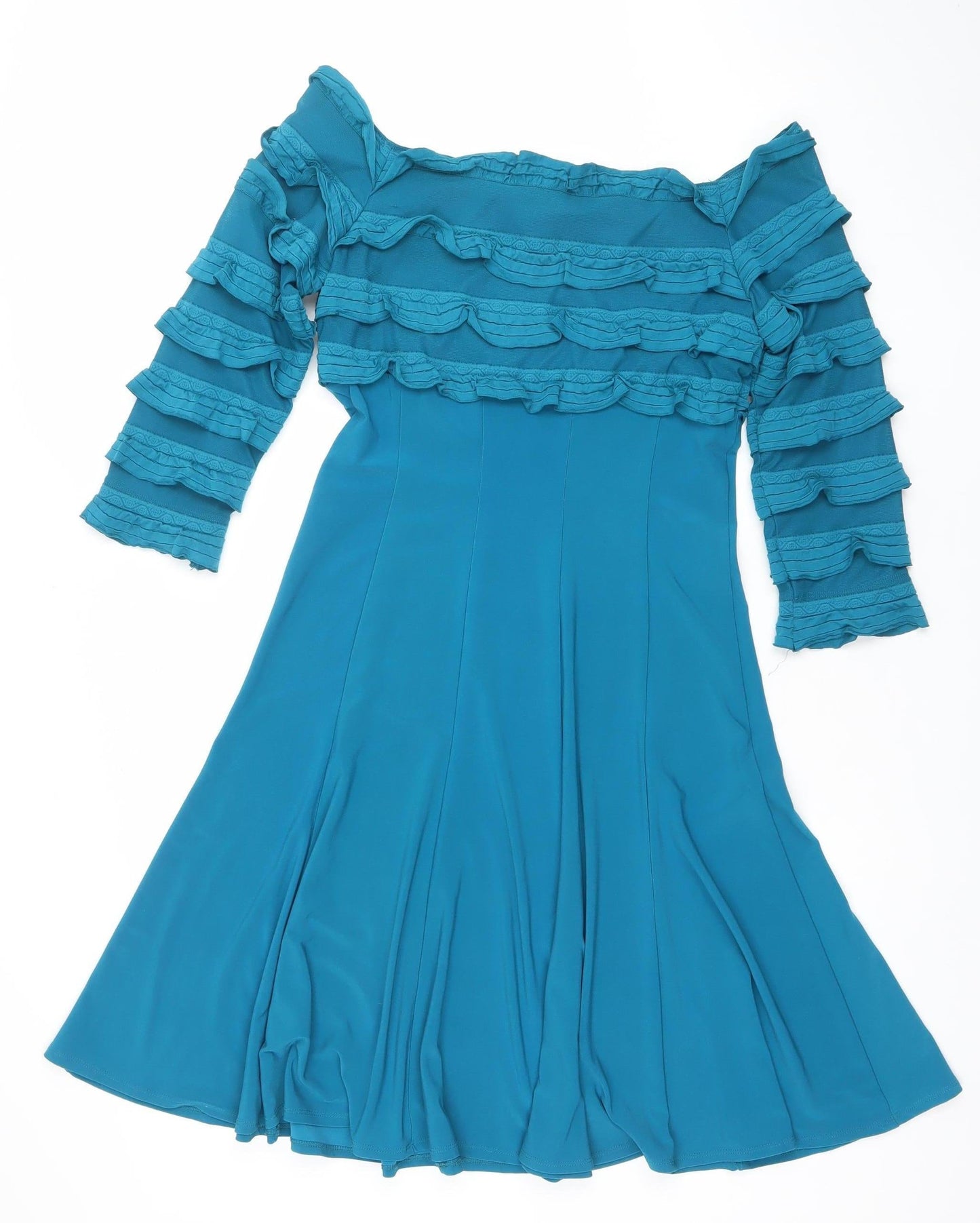 Frank Lyman Women's Blue Off Shoulder Ruffle Asymmetric Bodycon Dress Size 8