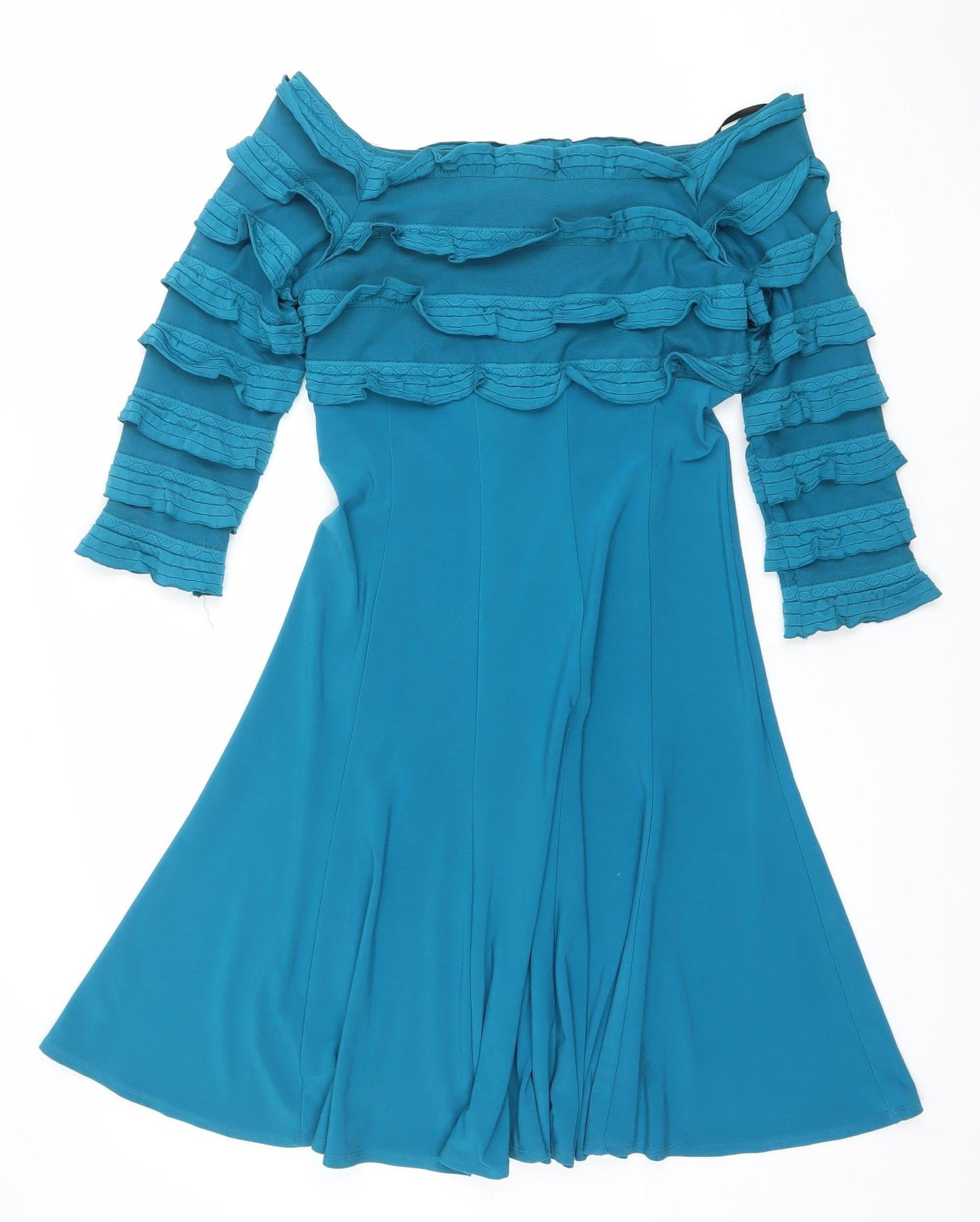 Frank Lyman Women's Blue Off Shoulder Ruffle Asymmetric Bodycon Dress Size 8