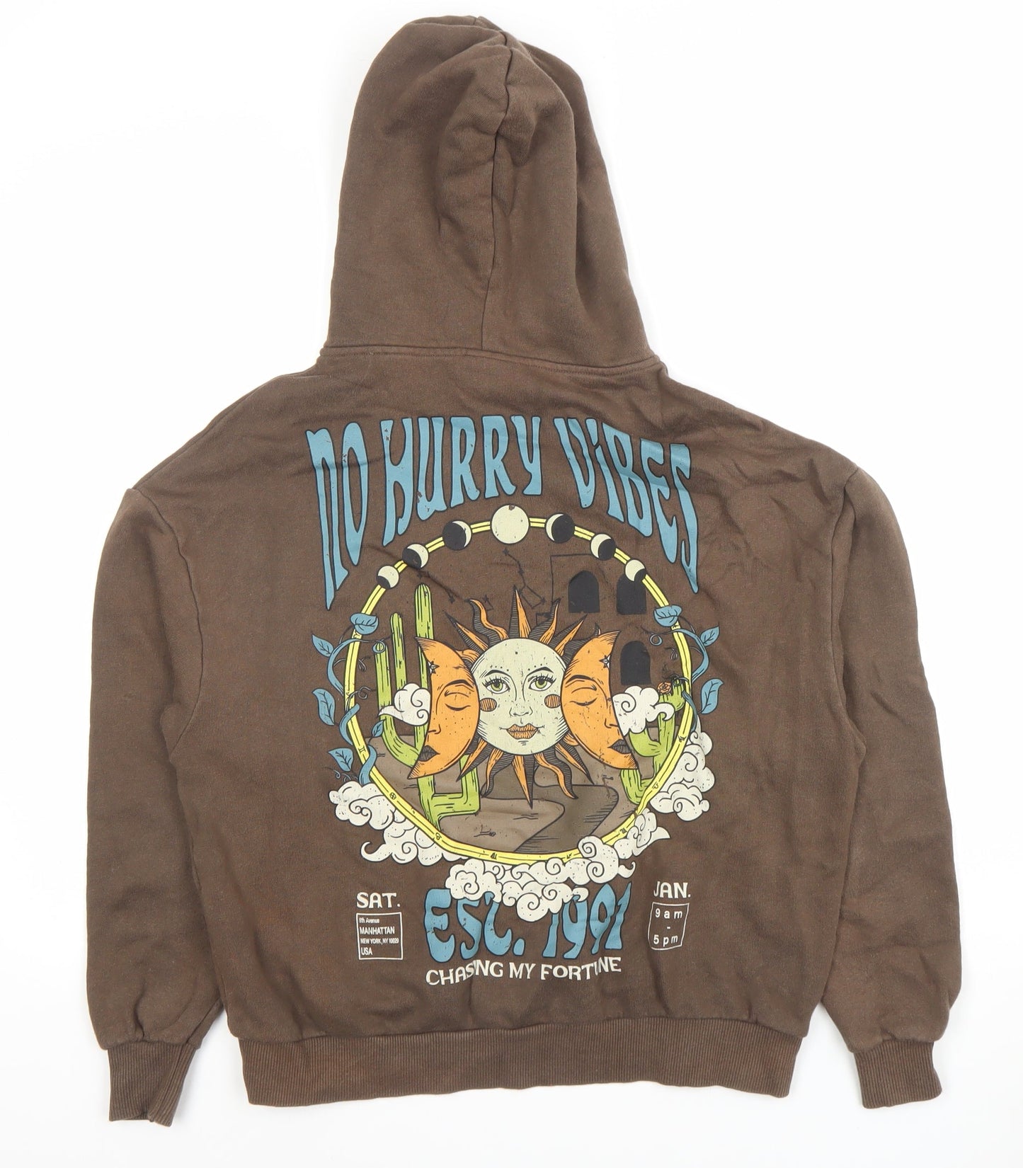 Pull & Bear Women Brown XS Pullover Hoodie No Hurry Vibes Graphic Print