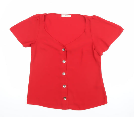 Oasis Women Red Short Sleeve V-Neck Button Blouse Size 10